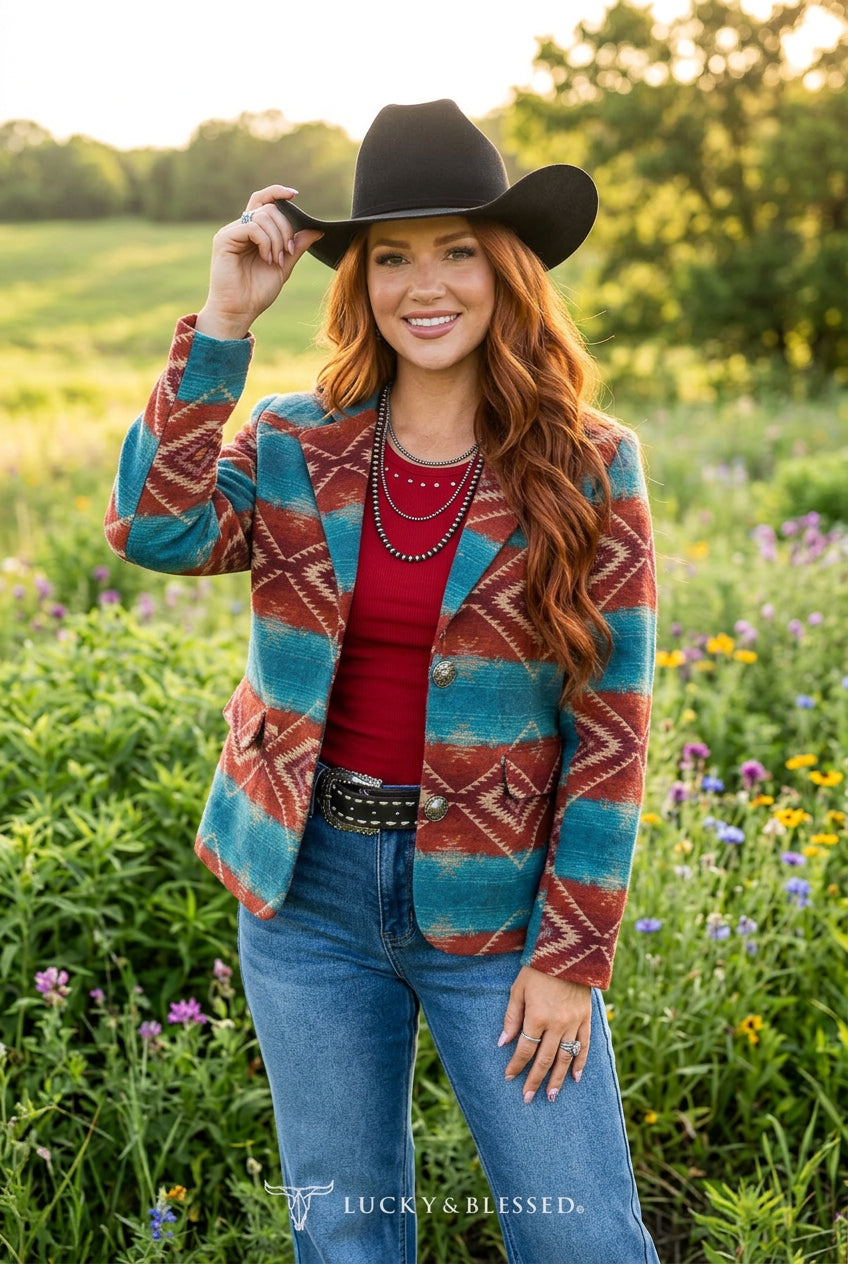 LUCKY & BLESSED Turquoise Rust Aztec Western Blazer Jacket Size Small