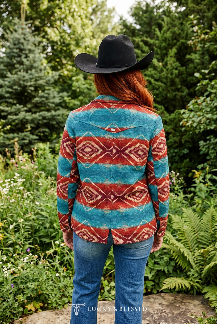 LUCKY & BLESSED Turquoise Rust Aztec Western Blazer Jacket Size Small