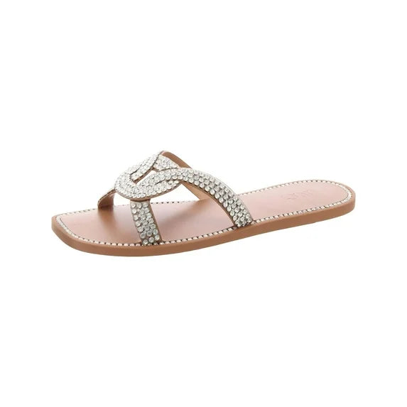 INC Women's Peytton Square Toe Slip on Slide Sandals - Silver Bling - Size 8