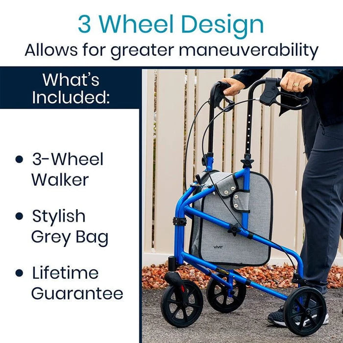 Vive Mobility 3 Wheel Walker Rollator, Lightweight Foldable Walking Transport - BLUE