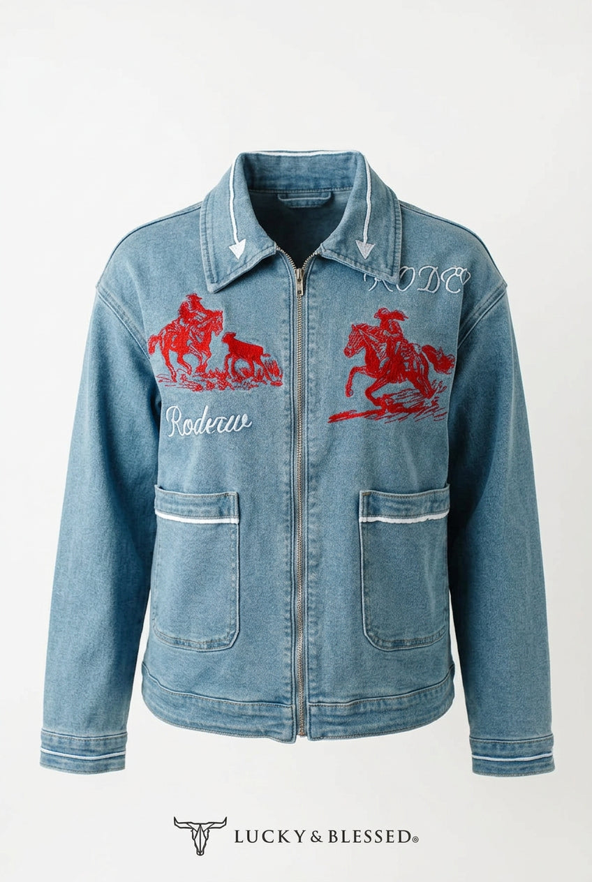 LUCKY & BLESSED Light Wash Stretch Denim Contrast Stitching Zip Up Arrow Collared Jacket  Size XXX Large