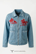 LUCKY & BLESSED Light Wash Stretch Denim Contrast Stitching Zip Up Arrow Collared Jacket  Size XXX Large