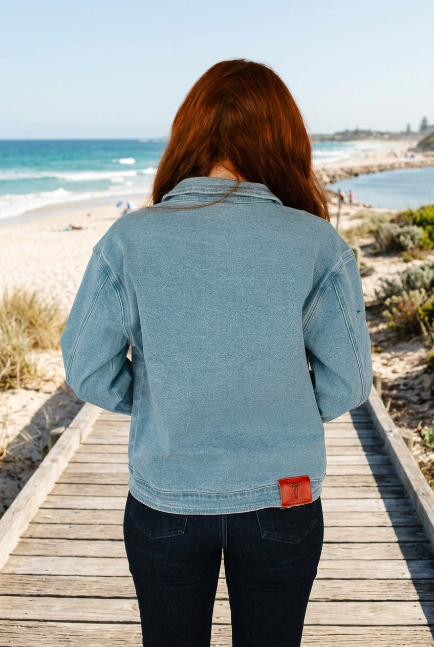 LUCKY & BLESSED Light Wash Stretch Denim Contrast Stitching Zip Up Arrow Collared Jacket  Size XXX Large