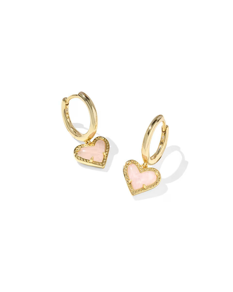 Kendra Scott Ari Heart Gold Huggie Earrings in Rose Quartz