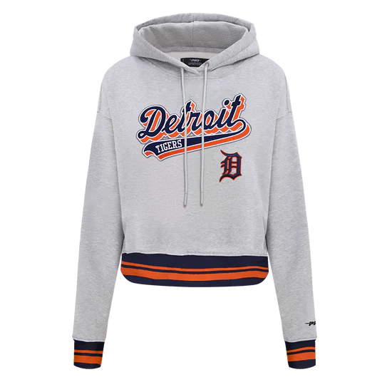 MLB DETROIT TIGERS SCRIPT TAIL WOMEN'S RIB FLEECE CROPPED PULLOVER HOODIE- large