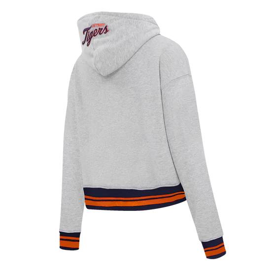 MLB DETROIT TIGERS SCRIPT TAIL WOMEN'S RIB FLEECE CROPPED PULLOVER HOODIE- large