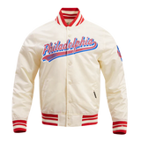 MLB Philadelphia Phillies Script Tail Men's Satin Jacket - Eggshell/Red - Size Large