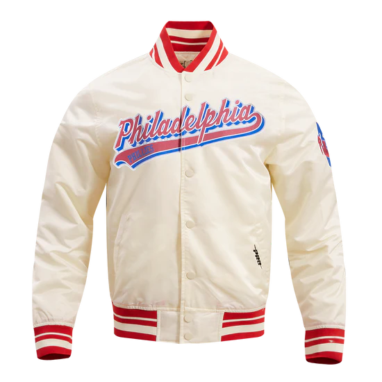 MLB Philadelphia Phillies Script Tail Men's Satin Jacket - Eggshell/Red - Size Large