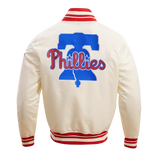 MLB Philadelphia Phillies Script Tail Men's Satin Jacket - Eggshell/Red - Size Large