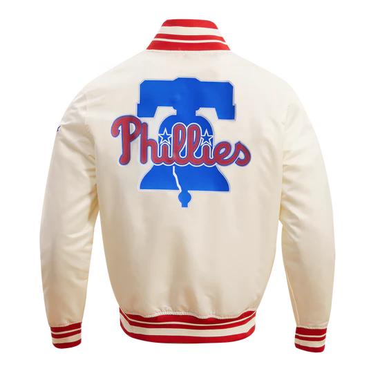 MLB Philadelphia Phillies Script Tail Men's Satin Jacket - Eggshell/Red - Size Large