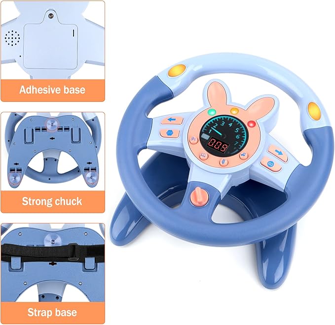 BLUE-Kids Little Driver Steering Wheel for Backseat Driving Simulated Driving Steering Wheel Toy with Light and Music Gifts for Kids