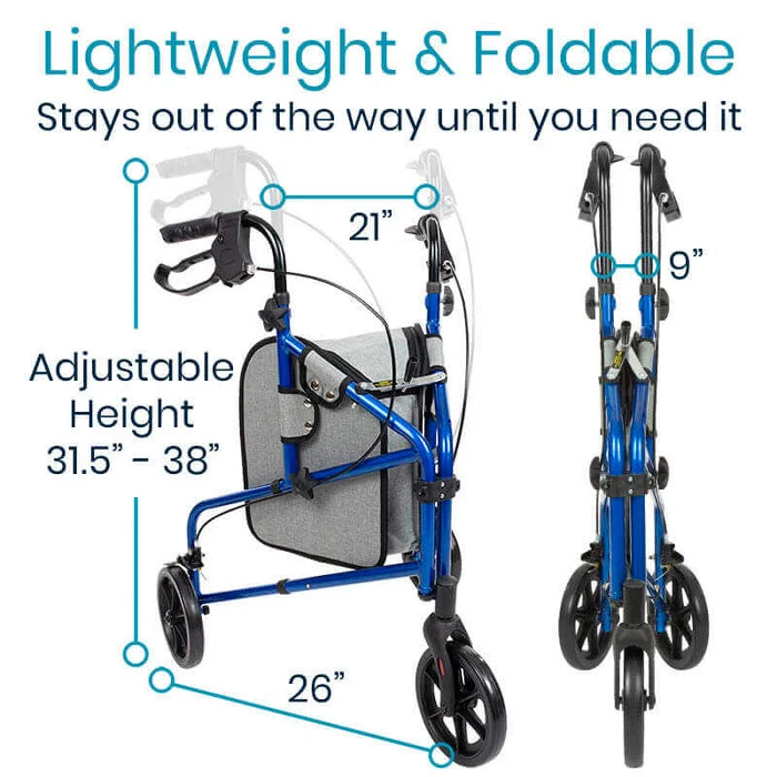 Vive Mobility 3 Wheel Walker Rollator, Lightweight Foldable Walking Transport - BLUE