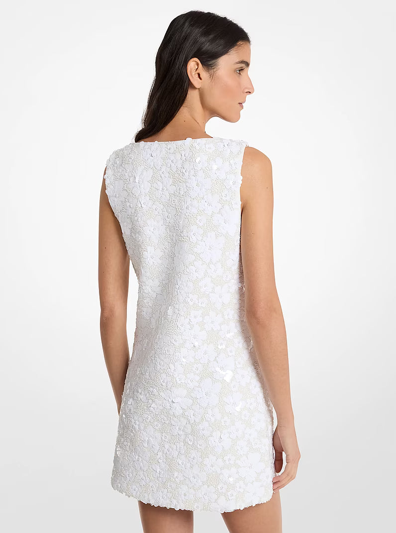 MICHAEL KORS Floral Embellished Scuba Mini Dress - White - Size L