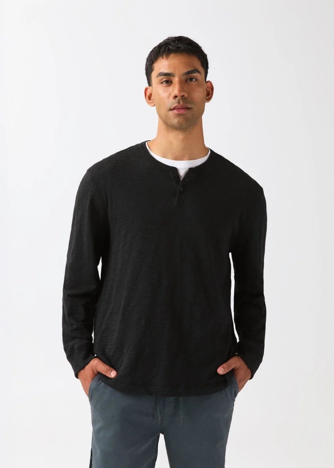 DU/ER Midweight Slub Jersey Long Sleeve Henley - Black Men's M