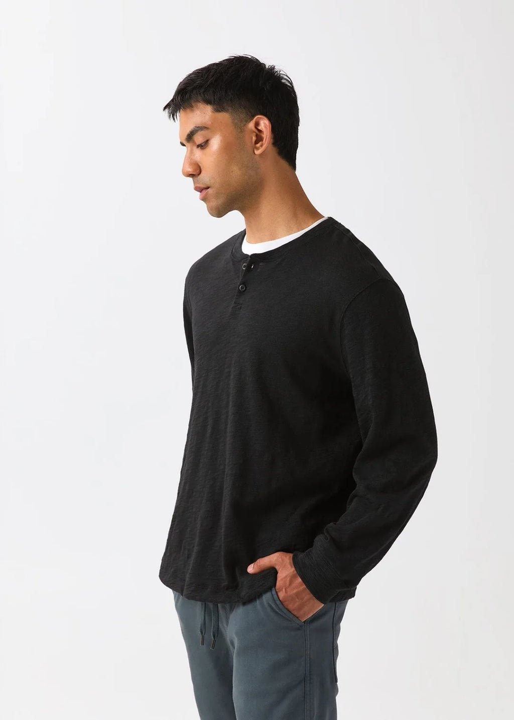 DU/ER Midweight Slub Jersey Long Sleeve Henley - Black Men's M