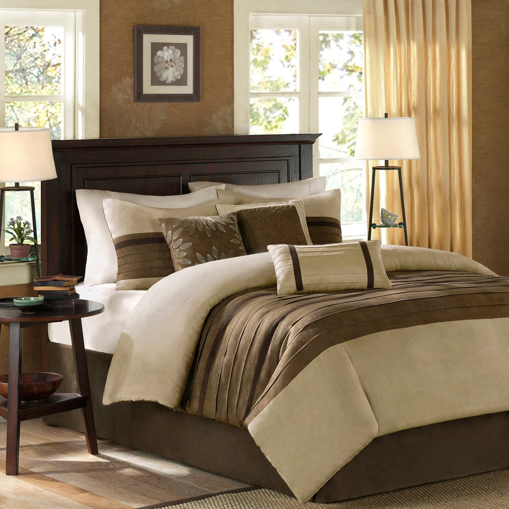 MADISON PARK - Palmer Faux Suede Comforter Set - 7 pcs in Natural - Cal-King