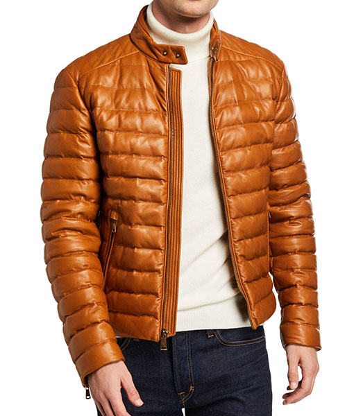 Cow Skin Jackets Men's Winter Leather Puffer Jacket, Brown Size: 2XL