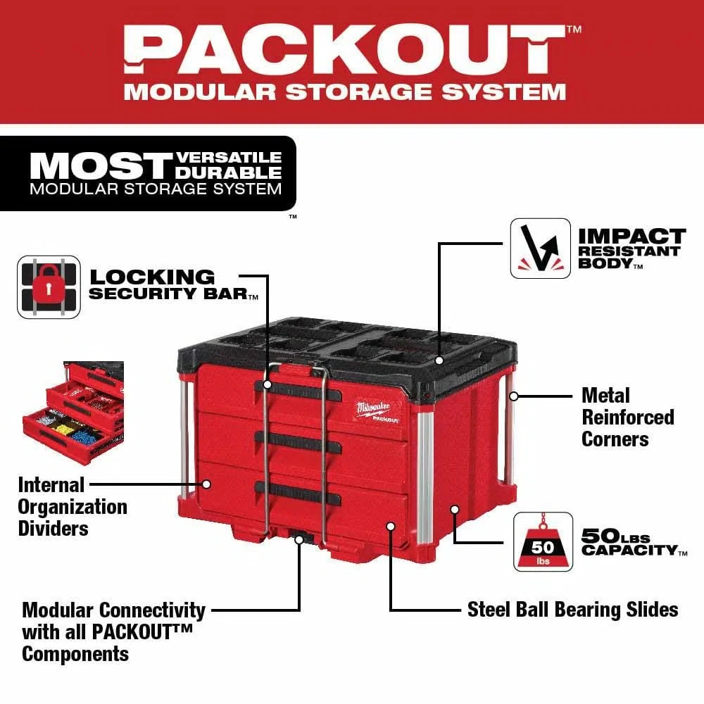 MILWAUKEE PACKOUT 22 in. Modular 3-Drawer Tool Box with Metal Reinforced Corners