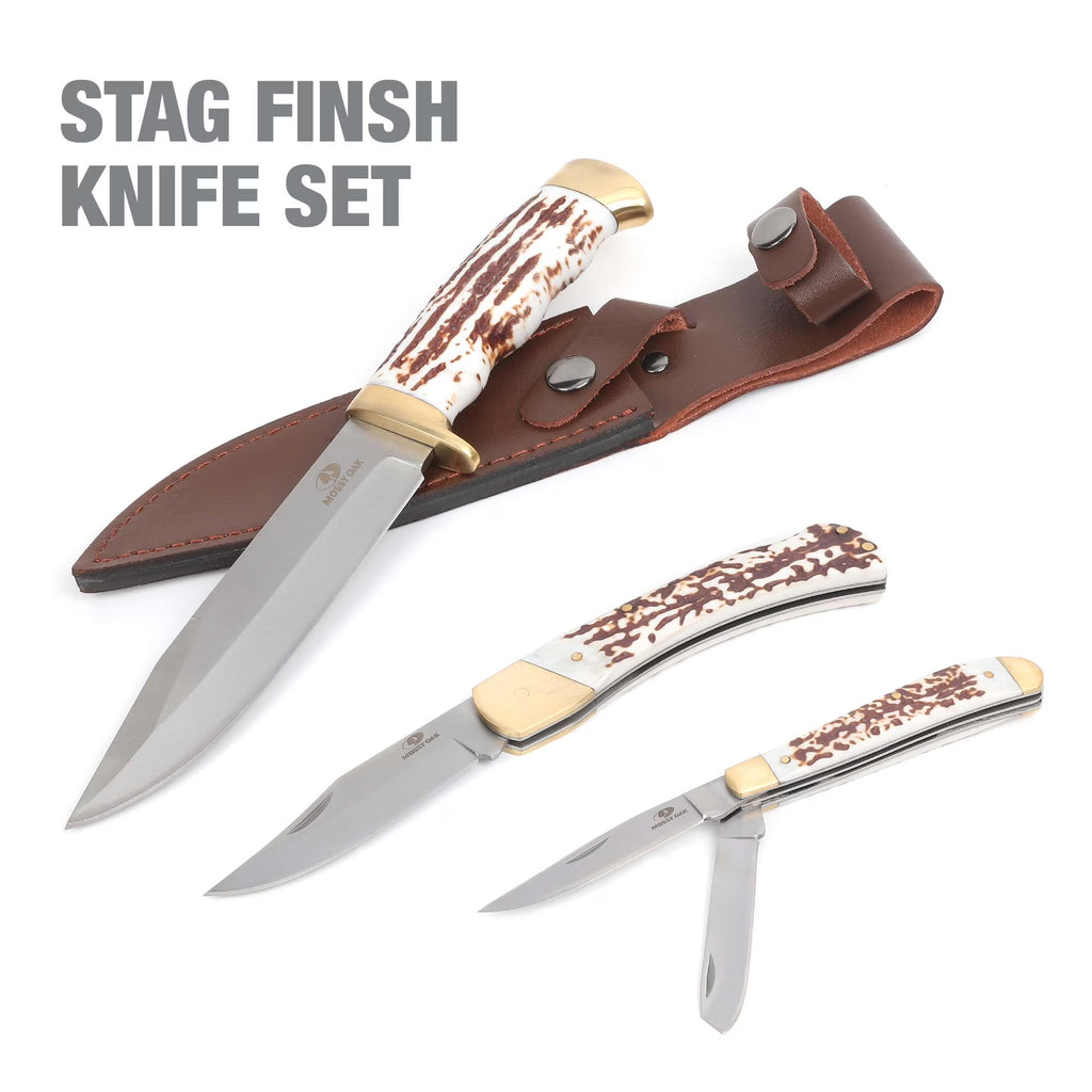 MOSSY OAK | Stag Finish Knife Set with SS Full Tang Blade and Leather Sheath