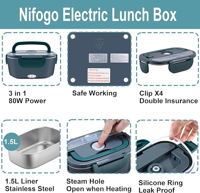 Nifogo Electric Lunch Box Food Heater 80W Heated Lunch Boxes for Men 1.8l Electric Lunch Box for Adults Portable 12/24/110V Heating Lunchbox for Work/Car/Truck with Insulated Bag(Green)(NEW)