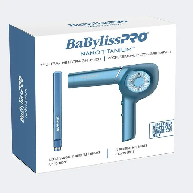 BabylissPRO Nano Titanium Pistol-Grip Dryer & Ultra-Thin Straightening Iron Set