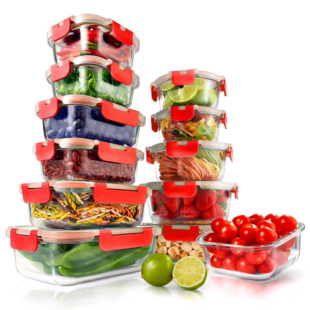 Glass Food Storage Set 24pc Airtight Leak-Proof Borosilicate Red