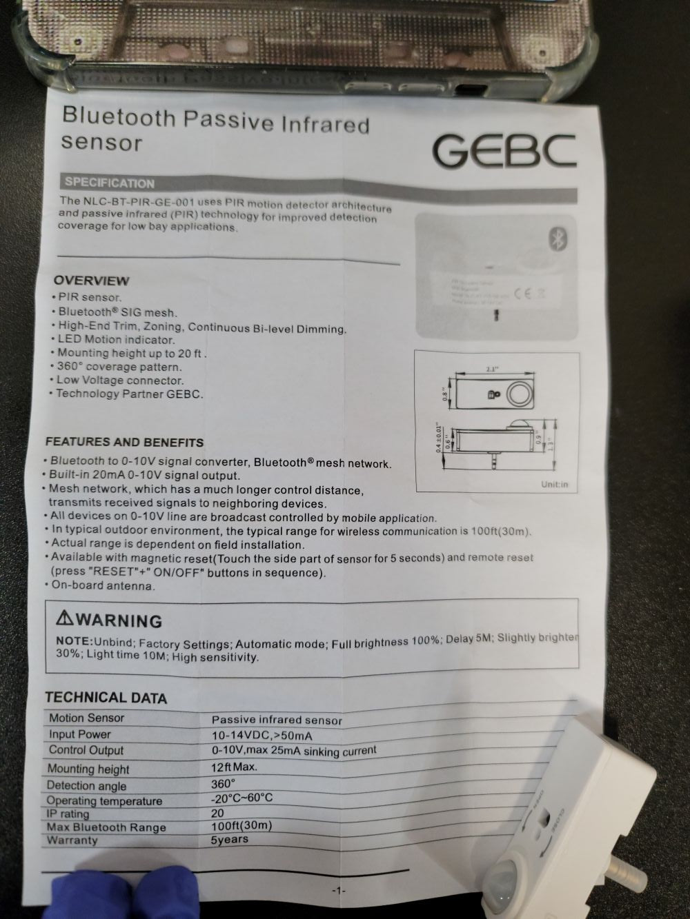 GEBC Bluetooth Passive Infrared Sensor - Model: NLC-BT-PIR-GE-001
