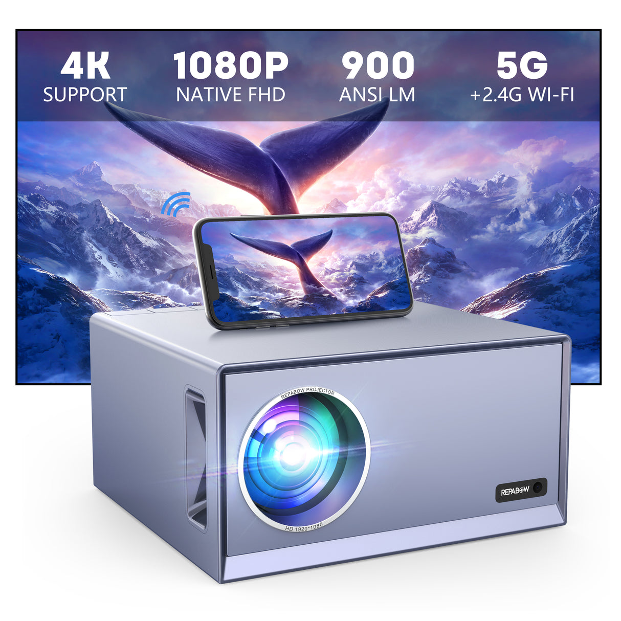 Repabow  4K Projector with Wifi 6 & Bluetooth 5.3, REPABOW 1200 ANSI Native 1080P Outdoor Movie Projector with Sealed Engine/ Keystone/4P/4D/PPT/25% Zoom, Smart Home Theater Projector for Phone/PC/TV Stick  NEW