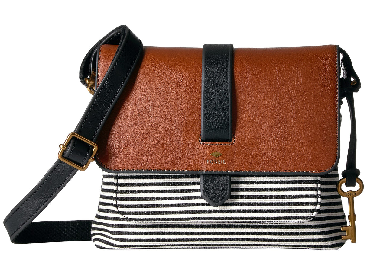 Fossil Kinley Small Crossbody Bag Striped Leather and Canvas Black White Brown-NEW