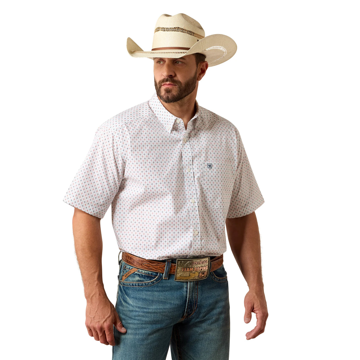 ARIAT Men's Noam Classic Fit Button Down Shirt in White Multi Geo Print - LG