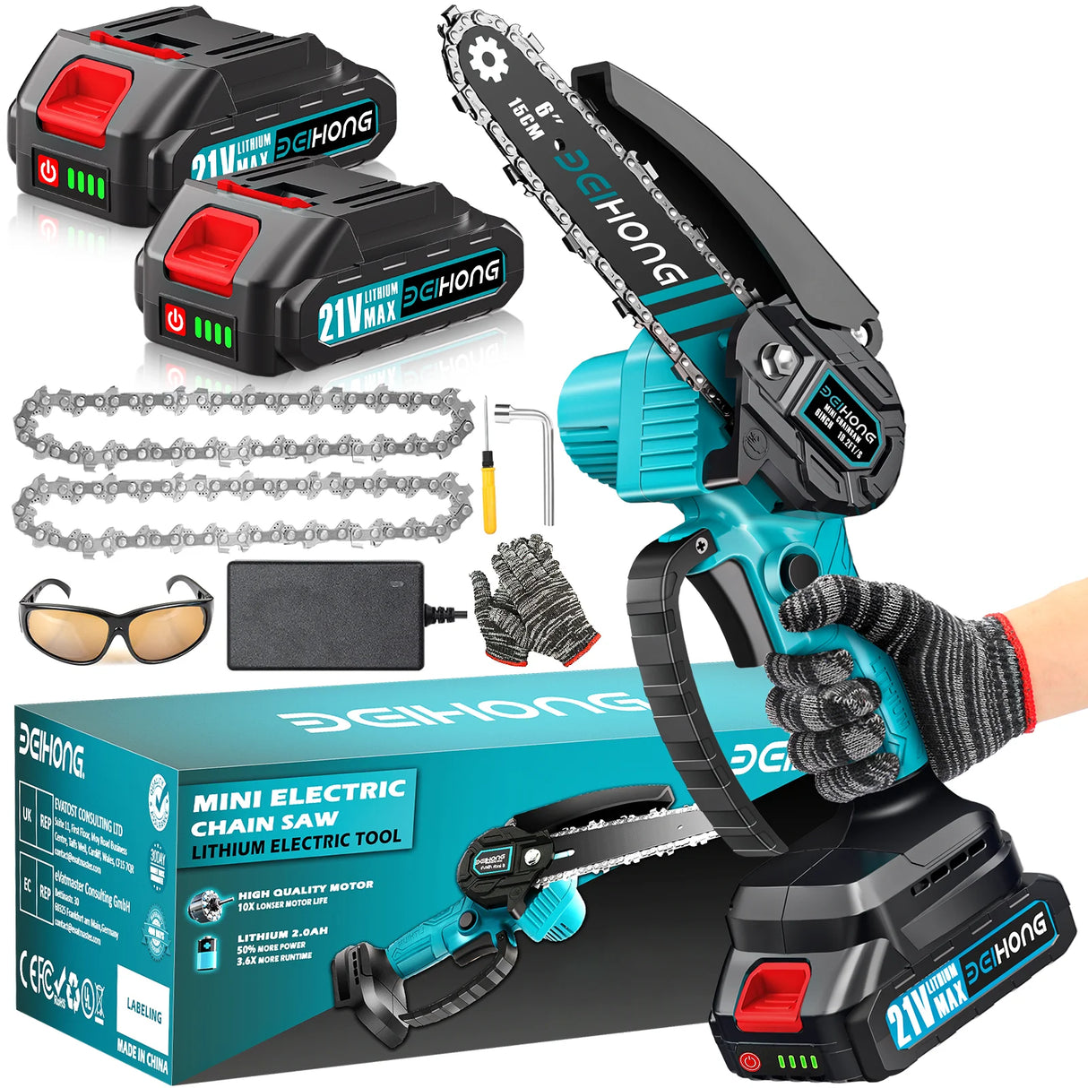 Bei & Hong Bei & Hong Mini Chainsaw 6 inch Battery Powered Security Lock One-Hand Use, 2 Batteries