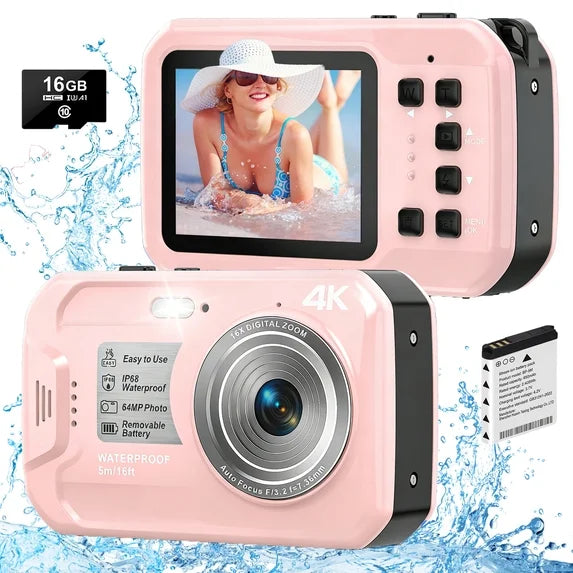SEREE Waterproof Camera 4K UHD 64MP 16X Digital Zoom Compact Digital Underwater Camera with 16GB Card Pink