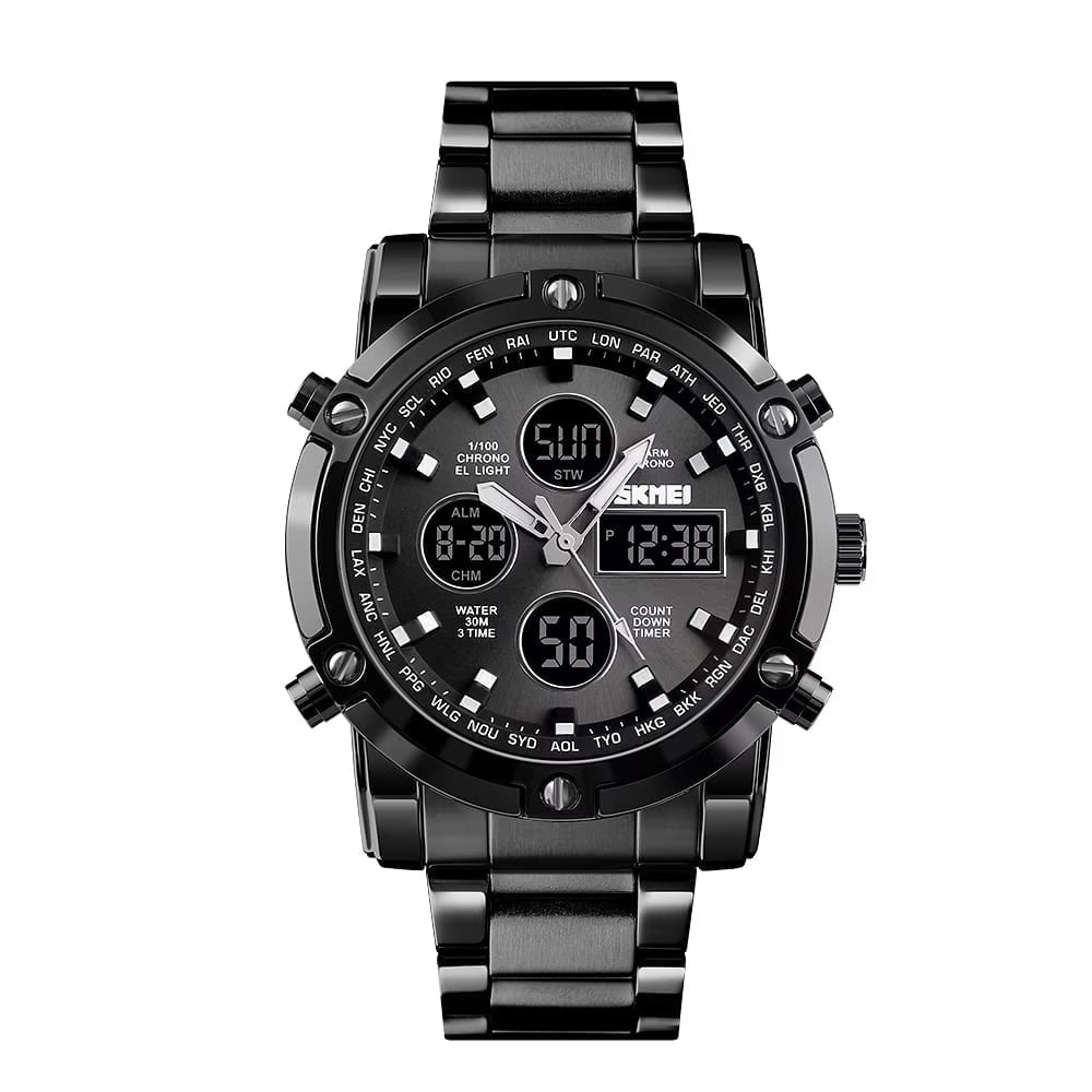 SKMEI Mens Wrist Watch, Waterproof Military Analog Digital Watches with LED Multi Time Chronograph, Stainless Steel Business Quartz Watches for Men