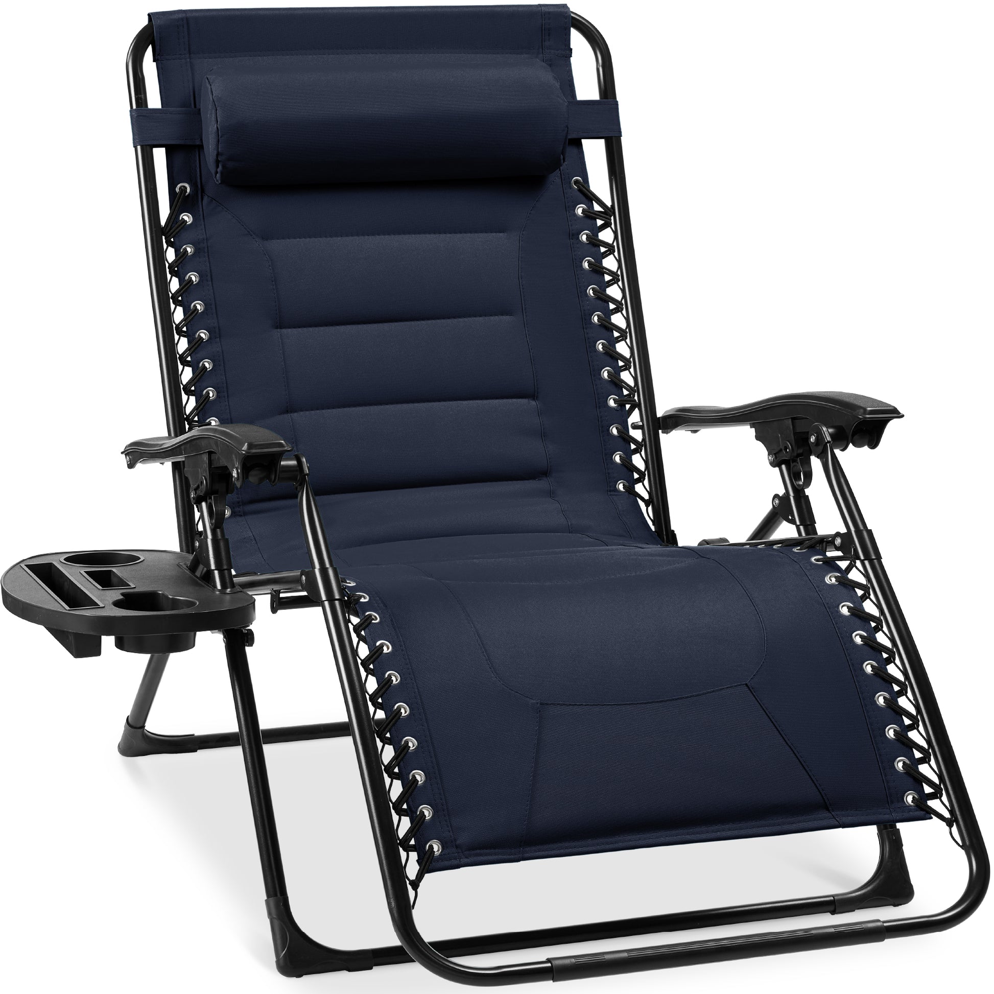 Oversized Padded Zero Gravity Chair, Folding Recliner w/ Headrest, Side Tray, Navy Blue