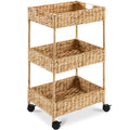 3-Tier Water Hyacinth Rolling Utility Cart w/ Weaved Baskets- Natural
