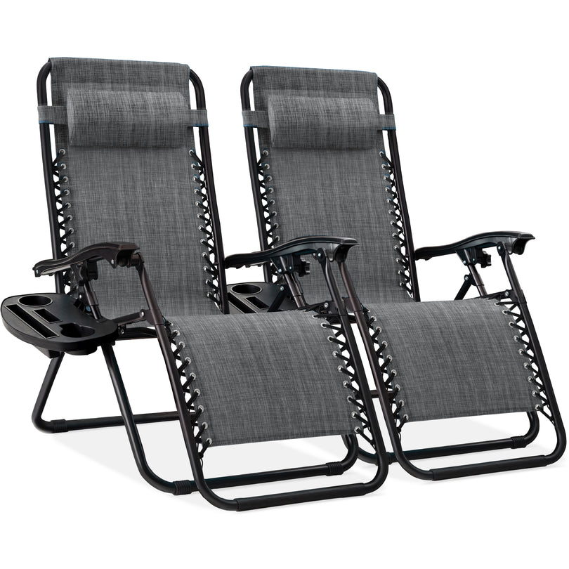 Set of 2 Adjustable Zero Gravity Patio Chair Recliners w/ Cup Holders- Gray