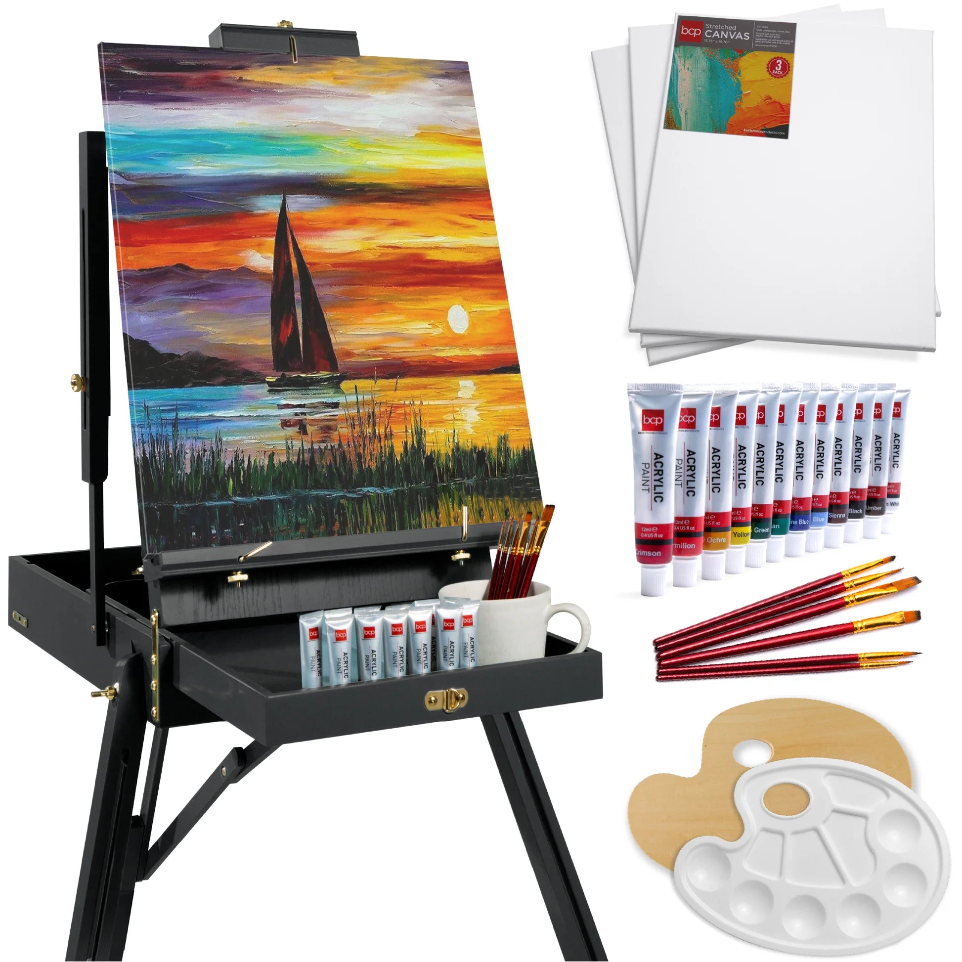 BCP Art Easel for Painting, Portable Adjustable Tripod with 32-Piece Art Set