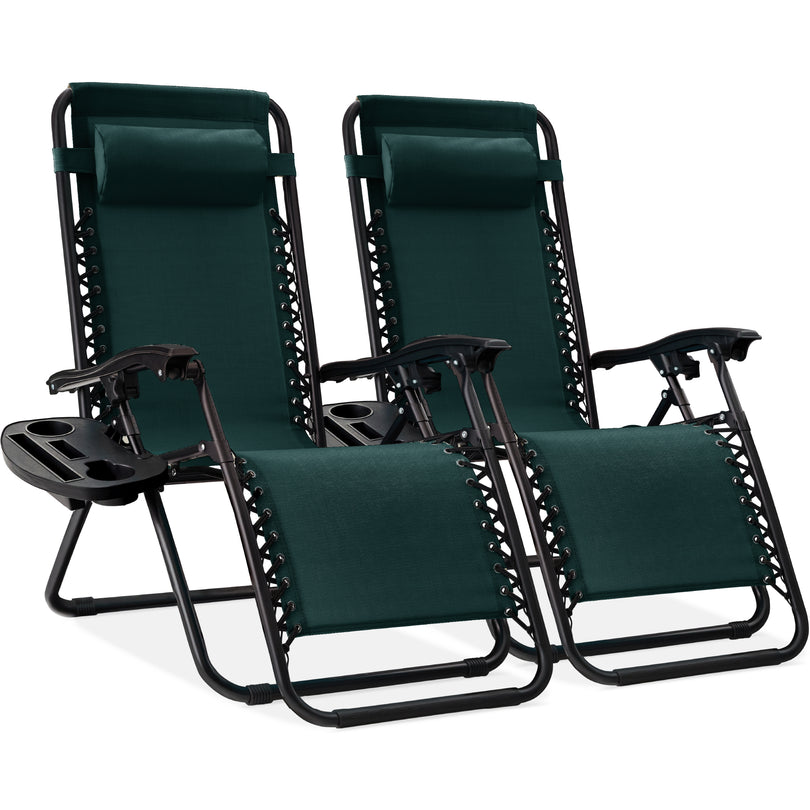 Set of 2 Adjustable Zero Gravity Patio Chair Recliners w/ Cup Holders- Forrest Green