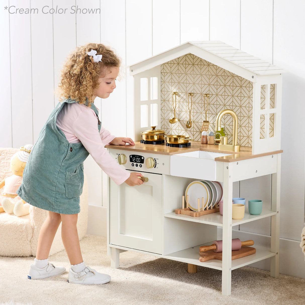 BCP Pretend Play Wooden Farmhouse Kitchen Set w/ Storage, 5 Accessories