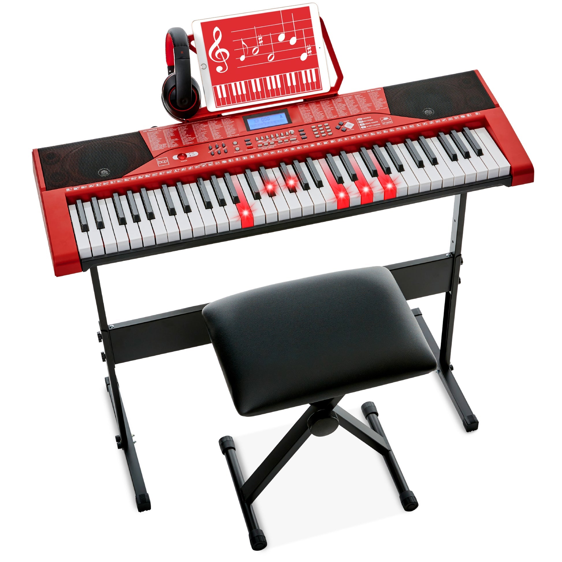 61-Key Beginners Electronic Keyboard Piano Set w/ Lighted Keys, Headphones-RED