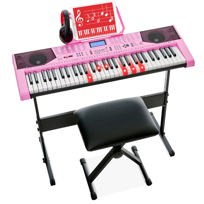 61-Key Beginners Electronic Keyboard Piano Set w/ Lighted Keys, Headphones- Pink