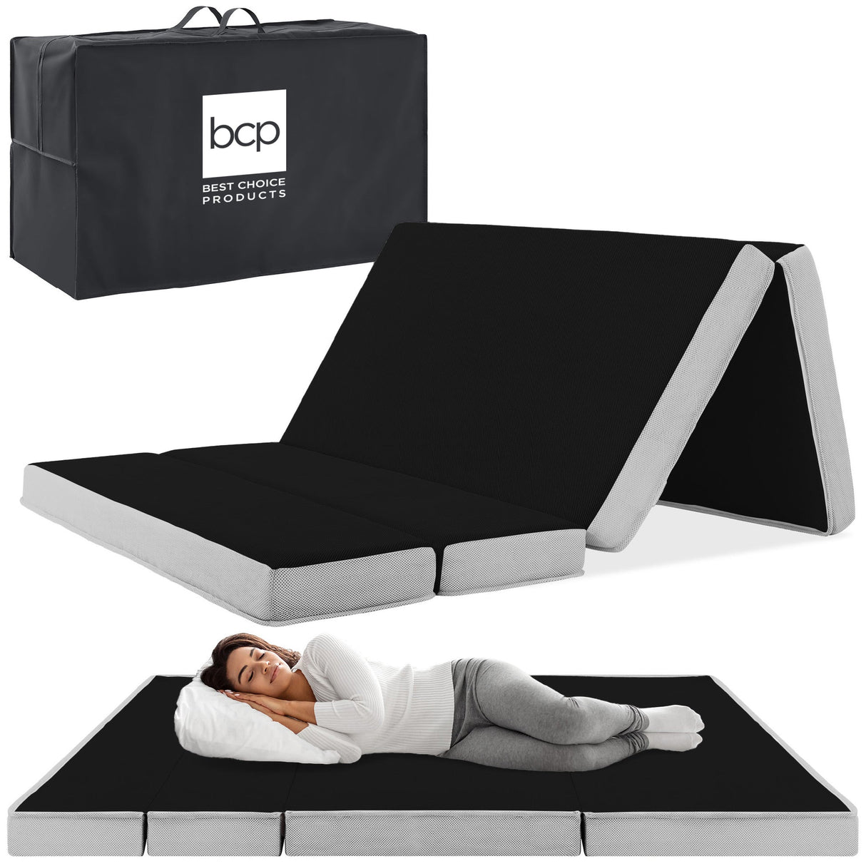 4in Portable Mattress Topper, Tri-Fold Mattress Pad - Onyx Black