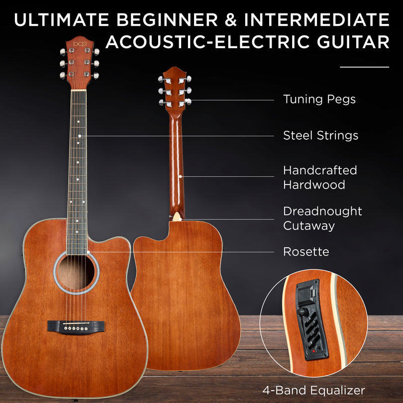 Beginner Acoustic Electric Cutaway Guitar Set w/ Gig Bag, Strap - 41in-Mahogany