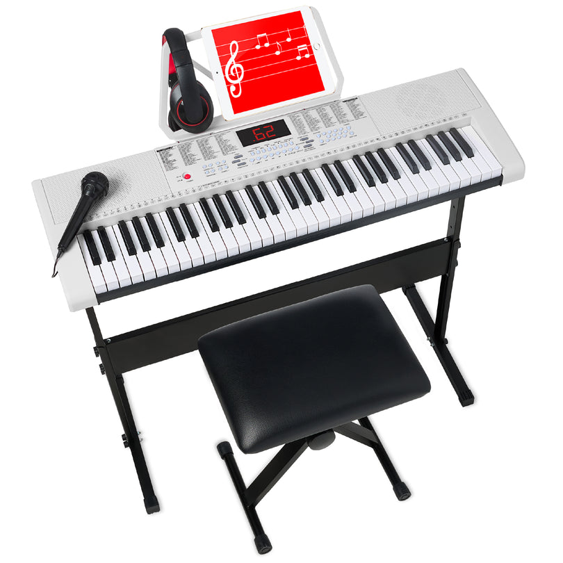 61-Key Beginners Electronic Keyboard Piano Set w/ 3 Modes, Microphone- White