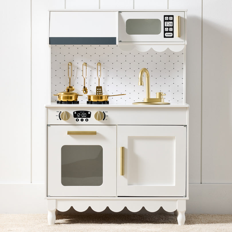 Pretend Play Cottage Kitchen Wooden Toy Set for Kids w/ 5 Accessories- White