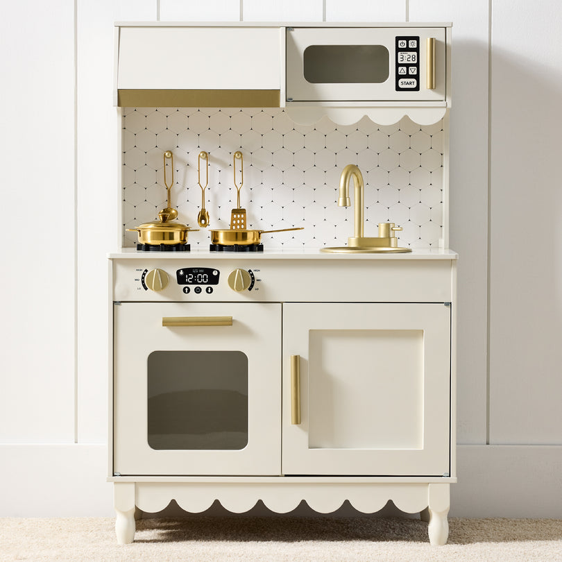 Pretend Play Cottage Kitchen Wooden Toy Set for Kids w/ 5 Accessories- Cream