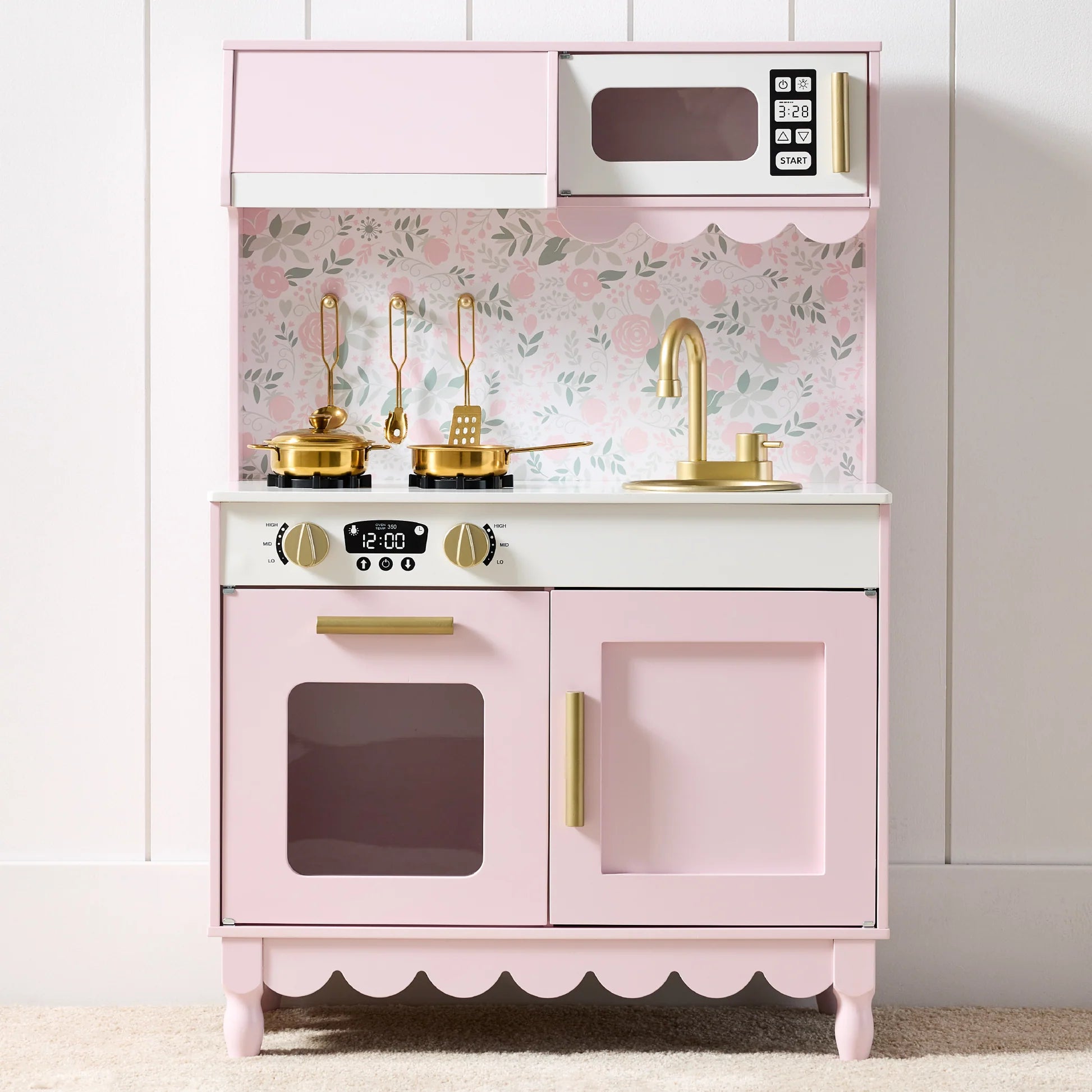 Pretend Play Cottage Kitchen Wooden Toy Set for Kids w/ 5 Accessories, Pink
