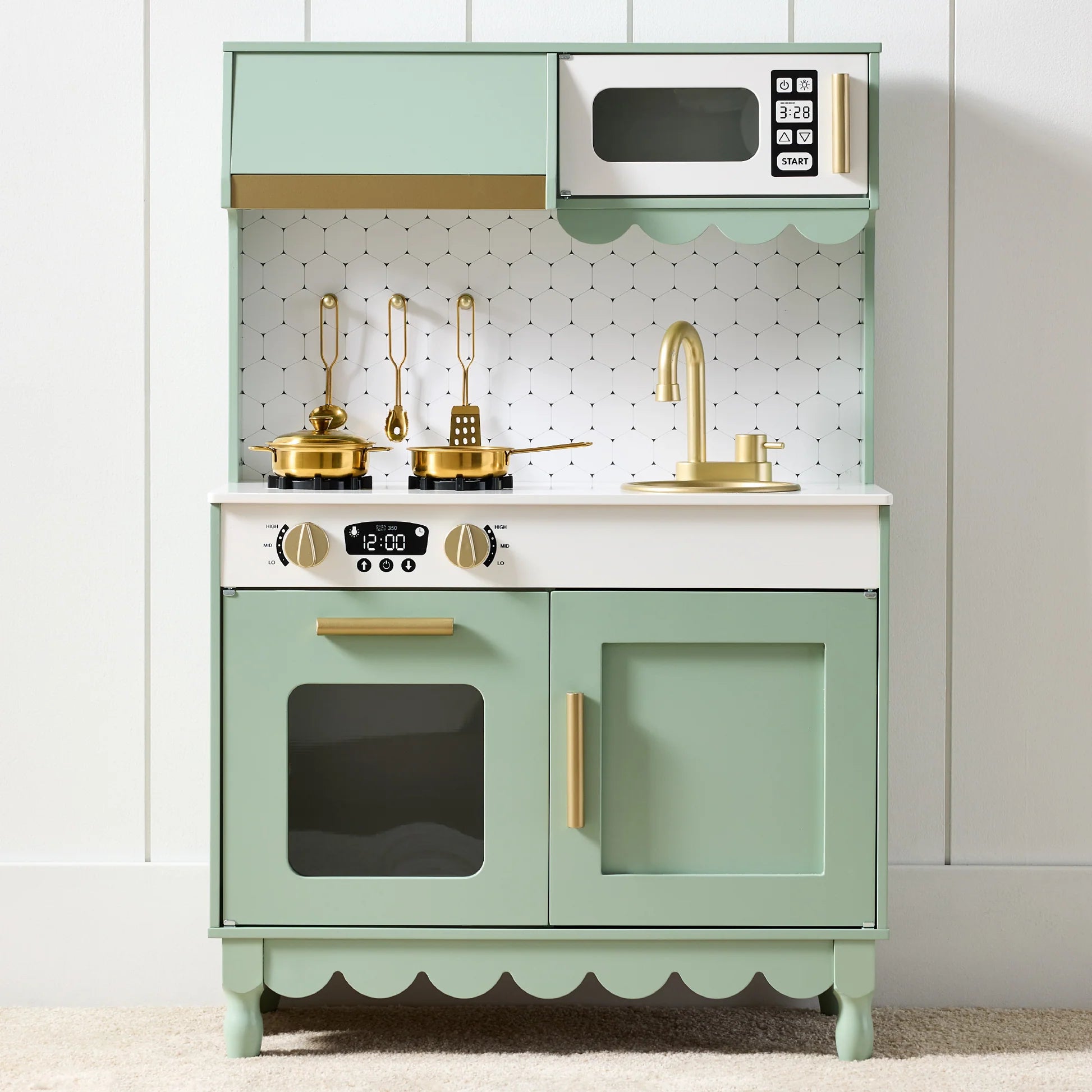 BCP Pretend Play Cottage Kitchen Wooden Toy Set for Kids w/ 5 Accessories, Sage