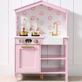 Pretend Play Wooden Farmhouse Kitchen Set w/ Storage, 5 Accessories-Pink