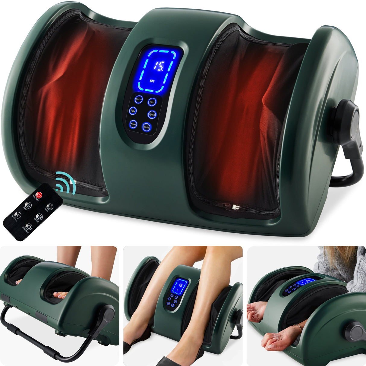 Reflexology Shiatsu Foot Massager w/ High-Intensity Rollers, Remote Control- Color: Dark Green